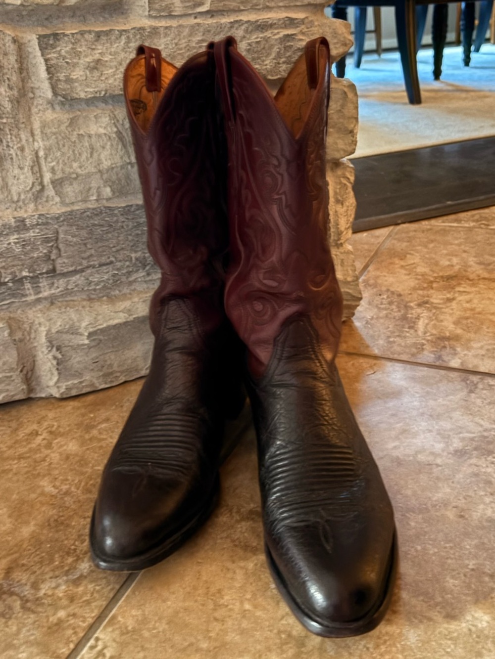 Lucchese Ostrich Classic Two-Tone Leather Cowboy Boots - dark brown/burgundy